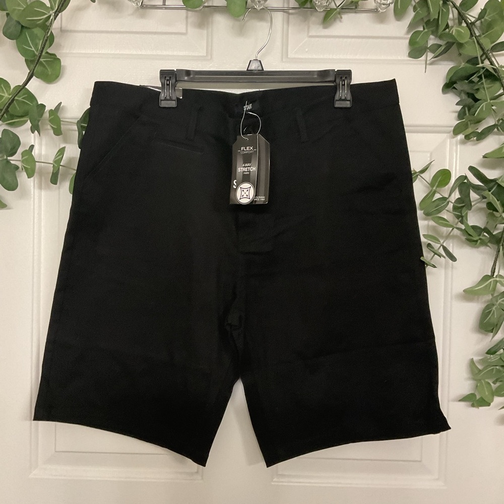 START  Tart Black Flat-Front Mens Shorts. STRETCH SIZE   38 - Picture 3 of 9